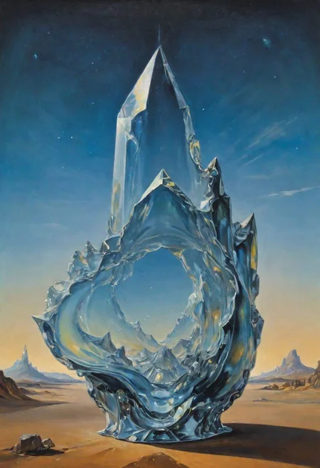 a detailed painting of a transparent ancient crystal by Salvador Dal. smooth, solid, clean brushstrokes, high quality, cosmic eclipse. flowing, beautiful, surreal, unbelievable, prolific, fine detail, uhd 8k