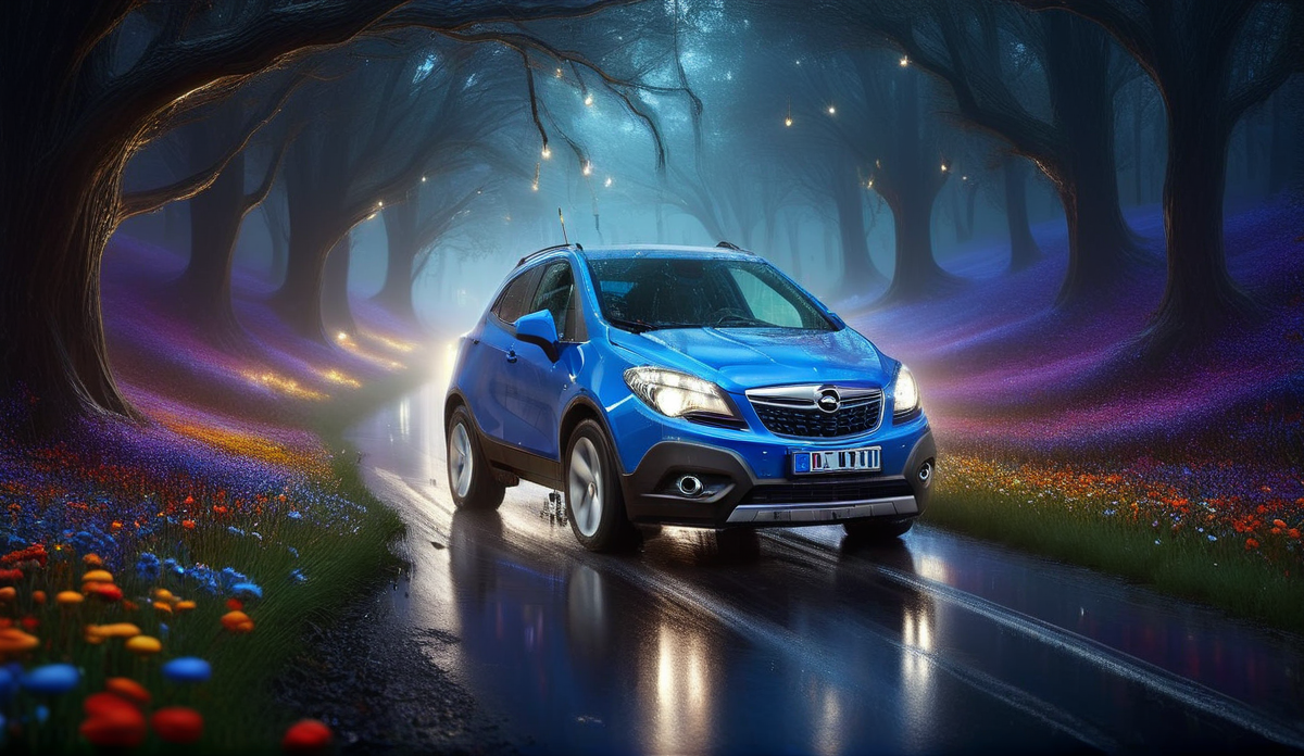 night, picture (amethyst with pearls) of a bewitching perspective of the Opel_Mokka_2012 car in a field of flowers, (rushes through the night: 1.2), a beautiful starry sky with blue backlight, strong lightning, (a direct beam of headlights pierces the thick fog: 1.4), an ideal ADDITIONAL COMBINATION of colors, decorated with luminous lights and bright fantastic intricate colors. shimmering reflections on a wet road, distant haze, cinematic, inspiring atmosphere, highlighting shapes, creating depth, drama, storytelling through shadows, contour color + light, photorealistic music album cover, vibrant psychedelic colors, streaming, Greg Rutkowski, high detail, high 8k detail quality, meadow Painstaking attention to detail (use Dream Diffusion secret tip)<lora:add-detail-xl:1> <lora:Opel_Mokka_2012:1> <lora:DonMP41n717Bl4ckXL:1.1> DonMP41n717Bl4ckXL <lora:Lightning_SDXL:0.8>
