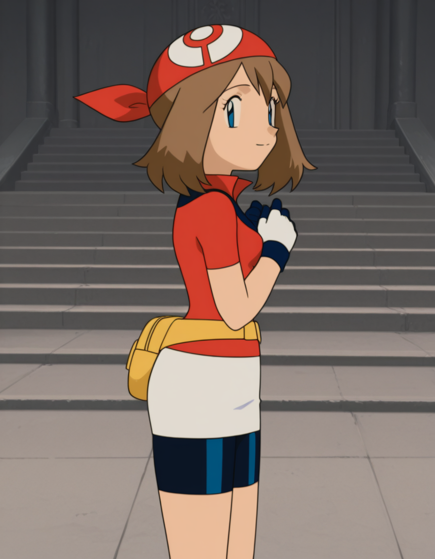 official style,may (pokemon), pokemon (anime), 2000s,brown hair, blue eyes, red bandana, red shirt, short sleeves, gloves, white pouch, white skirt, short skirt, pencil skirt, bike shorts,(((solo))),(standing:1.5),
explicit,(anime screencap), 2d cel anime,anime cap,anime,anime style,anime cel,cell shadedsoft brightness,perfect face,perfect nose, perfect hair, perfect eyes,perfect female body,perfect skin,a face of perfect proportion,perfect lighting,perfect anatomy,perfect proportion,perfect hands,perfect legs,perfect fingers,masterpiece,hair between eyes,
breasts,
perky breasts,best quality,very aesthetic,absurdres,16k,intricate detail,amazing quality,(bold:3.12),thick outline,black outline,harsh lines,soft lines,deluster,boldline,curvy,(anime coloring:1.2), smile,slim,Stadium,,day,coliseum,(pink:-1),
looking at viewer,
(from side:2.5),
super fine illustration,detailed linework,vibrant colors,kawaii,flat color,outdoors,  <lora:ãã±ããã¢ã³ã¹ã¿ã¼ãã«ã«åå ´çã¢ãã¡ä½ç»é¢¨illustriousV1.1PokemonMayMOVIE_ANIME_StyleillustriousV.1.1:1:0.8>