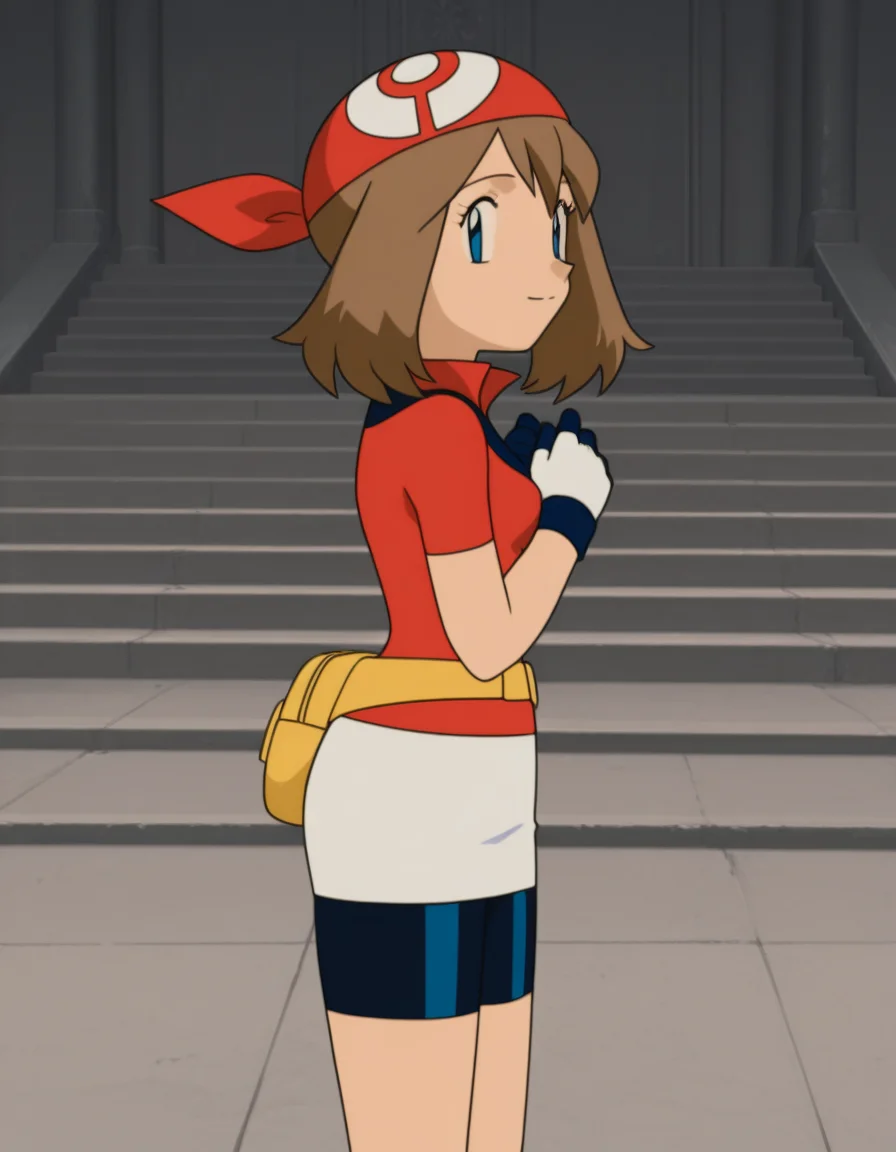 official style,may (pokemon), pokemon (anime), 2000s,brown hair, blue eyes, red bandana, red shirt, short sleeves, gloves, white pouch, white skirt, short skirt, pencil skirt, bike shorts,(((solo))),(standing:1.5),
explicit,(anime screencap), 2d cel anime,anime cap,anime,anime style,anime cel,cell shadedsoft brightness,perfect face,perfect nose, perfect hair, perfect eyes,perfect female body,perfect skin,a face of perfect proportion,perfect lighting,perfect anatomy,perfect proportion,perfect hands,perfect legs,perfect fingers,masterpiece,hair between eyes,
breasts,
perky breasts,best quality,very aesthetic,absurdres,16k,intricate detail,amazing quality,(bold:3.12),thick outline,black outline,harsh lines,soft lines,deluster,boldline,curvy,(anime coloring:1.2), smile,slim,Stadium,,day,coliseum,(pink:-1),
looking at viewer,
(from side:2.5),
super fine illustration,detailed linework,vibrant colors,kawaii,flat color,outdoors,  <lora:ãã±ããã¢ã³ã¹ã¿ã¼ãã«ã«åå ´çã¢ãã¡ä½ç»é¢¨illustriousV1.1PokemonMayMOVIE_ANIME_StyleillustriousV.1.1:1:0.8>