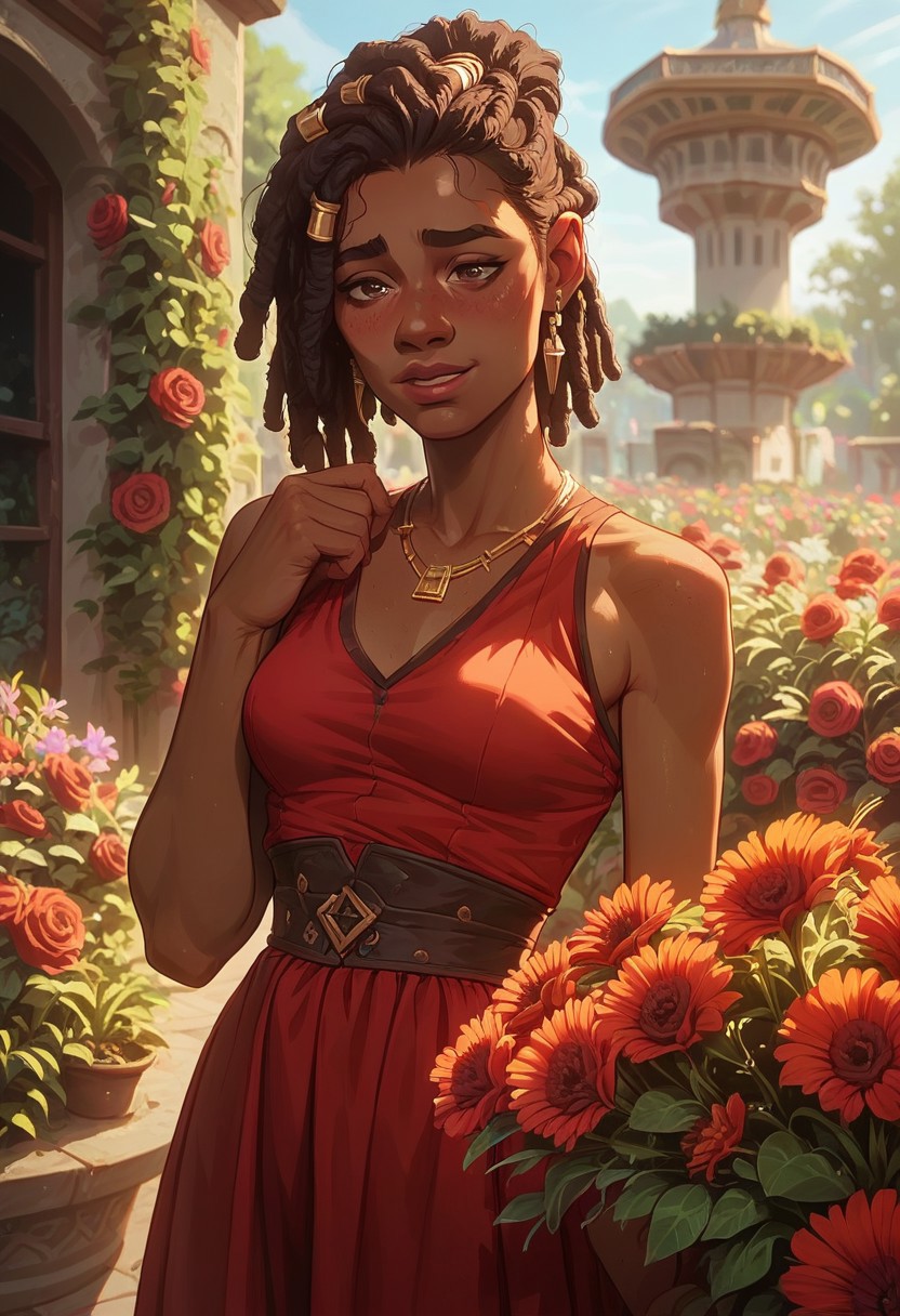 score_9, score_8_up, score_7_up, score_6_up, score_5_up, score_4_up, source_cartoon,
1girl, dark-skinned female, standing, smelling flowers, holding flowers to face, 
black hair, dreadlocks,
brown eyes, shy, smiling, detailed face, blushing,
medium breasts, fit, athletic, 
red dress, golden pattern on skin,
outdoors, garden, red flowers, floral scenery,
close-up view, view of back,
Expressiveh, g0th1c, mel,