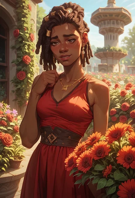 score_9, score_8_up, score_7_up, score_6_up, score_5_up, score_4_up, source_cartoon,
1girl, dark-skinned female, standing, smelling flowers, holding flowers to face,
black hair, dreadlocks,
brown eyes, shy, smiling, detailed face, blushing,
medium breasts, fit, athletic,
red dress, golden pattern on skin,
outdoors, garden, red flowers, floral scenery,
close-up view, view of back,
Expressiveh, g0th1c, mel,