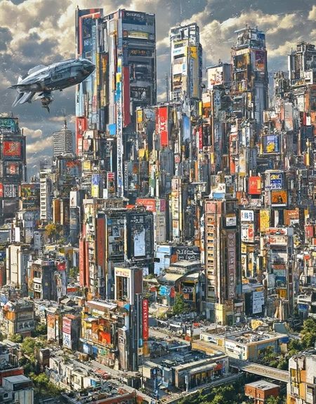 <lora:citybkgv2:1> citybkg, cyberpunk, ambiance, day, clouds, airship, very detailed, design buildings, mega structures, futuristic, side view, high buildings, illuminated, city lights, airship closeuo, billboards on buildings, street, signs, shops, illuminated, kanji, bridges,