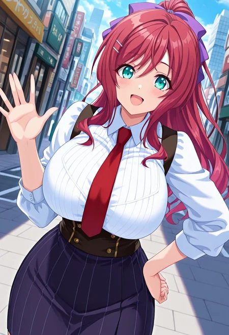 general,highres, ultra-detailed,very aesthetic,best quality ,best hands,best eyes,easynegative,
dynamic anglre, dutch angle, anime cloring,
1girl solo,looking at viewer,smile, open mouth, hand on hip,city,street, waving hand,
Kotomi Hanamori,red hair, long_hair, ponytail, hairclip, hair ribbon, purple ribbon, huge_breasts, aqua eyes,shirt,skirt,tie,