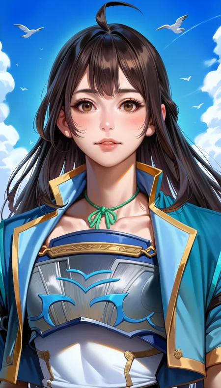 score_9,score_8_up,score_7_up,<lora:xinxianying>,realistic,1girl,solo,long black hair,bangs,ahoge,brown eyes,looking at viewer,default costume,rope choker,upper body,
blue sky,simple background,