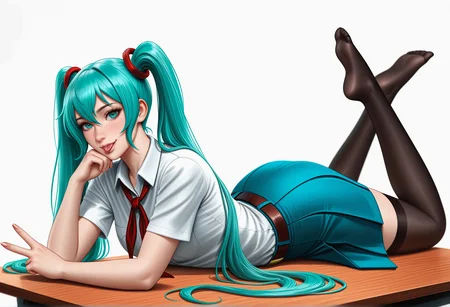 1girl, solo, by j.k:0.6, by hoshi san 3:0.1, artist:Sakimichan:0.2, artist:Sciamano240:0.3, 1girl, miku_es, aqua hair, aqua eyes, twintails, white collared shirt, narrow thighs, barefoot, leaning on arm, ((white background:1.2, simple background)), red neckerchief, blue skirt, belt, on table, black thighhighs, lying sideways, :p, wink, v sign, backlight, blurry background, from behind, dynamic angle,depth of field, cinematic,(masterpiece, best quality), safe, amazing quality, very aesthetic, absurdres, highres, newest, <lora:Miku_ES_IL_v1:0.7>