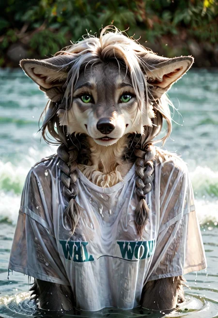 score_9, score_8_up, score_7_up, gray anthro female wolf, green eyes, gray fur, gray twin braids, furry, fluffy gray fur, fluffy wolf tail, surronded by waves, submerged, maverick, big waves, gray hair, wet hair, oversized wet shirt,  furry hands, shy smile, ears folded,