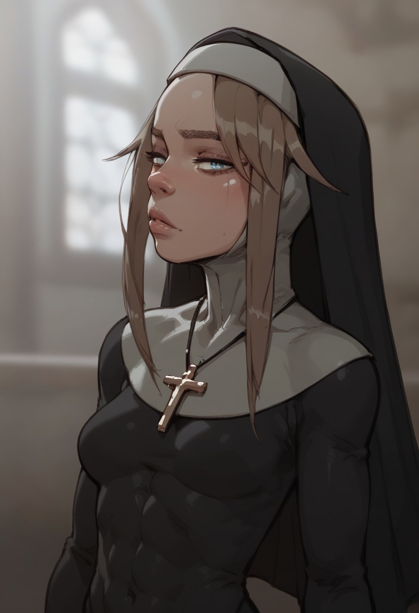 score_9, score_8_up, score_7_up,toned body,perky breasts,shiny skin,elegant woman,perky breasts,Gardie, brown hair, blue eyes, habit, nun , nun dress, cross necklace,in a church