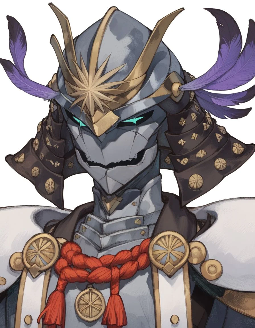 score_9, score_8_up, score_7_up, masterpiece, young boy, v-shaped eyebrows,
<lora:FSR:1>, fsr, solo,simple background,1boy,white background,upper body,male focus,armor,no humans,mask,helmet,feathers,rope,japanese armor,kabuto (helmet)