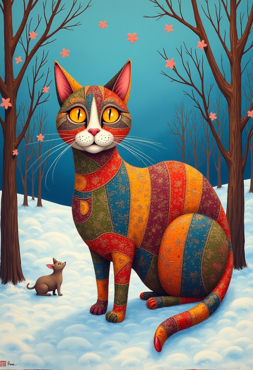 valentin gubarev style, cat, winter, snow, primitivism, naive art, graphics, patchwork, collage, colored pencils, ink rendering, colorful, hyper-detailed, intricate details, masterpiece, realistic, professional photo