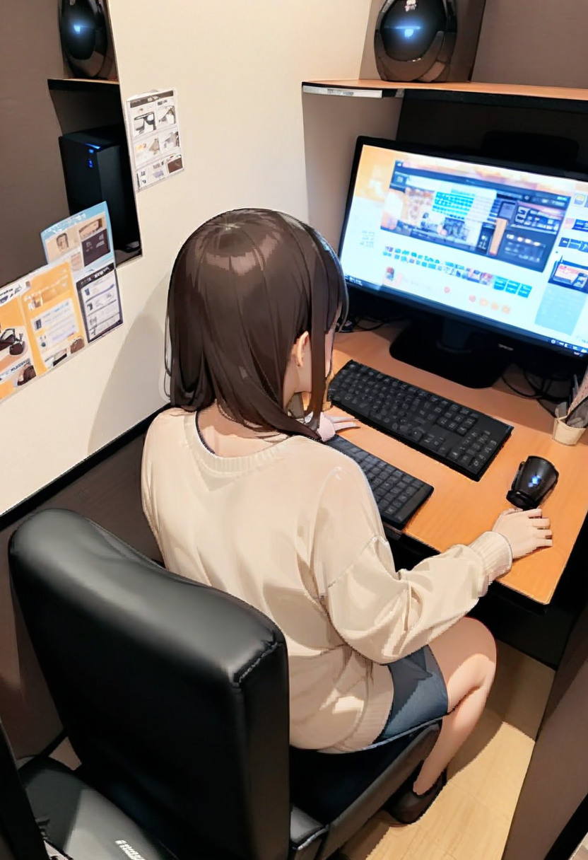 masterpiece, best quality, very aesthetic, absurdres,
necafe, scenery, keyboard (computer), computer, solo, indoors, monitor, chair, long sleeves, sweater, 1girl, desk, from behind, 
 <lora:netcafe_SDXL_V1:1>