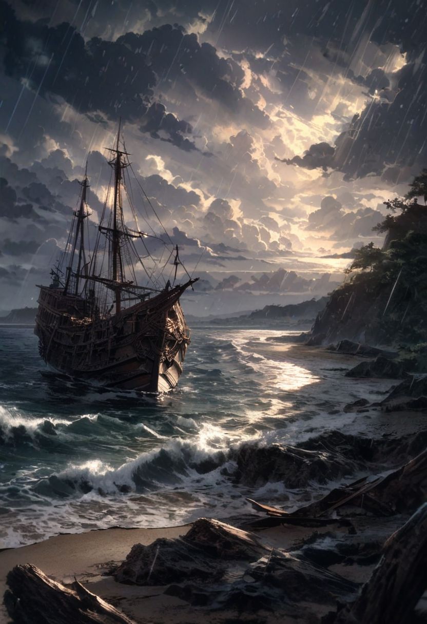 detailed background,( stormy fall night evening landscape), A cold foggy shore, beautiful view, bits of shipwrecks half buried in the sand, light rain, late afternoon, cloudy sky, beautiful clouds, outdoor seating,  the sea in the distance in rough, fantasy, old ship on a sea, depth of field, masterpiece, best quality, ultra-detailed, very aesthetic, illustration, perfect composition, intricate details, absurdres, moody lighting, wisps of light, no humans,