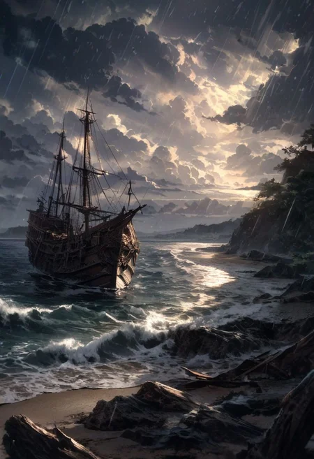 detailed background,( stormy fall night evening landscape), A cold foggy shore, beautiful view, bits of shipwrecks half buried in the sand, light rain, late afternoon, cloudy sky, beautiful clouds, outdoor seating,  the sea in the distance in rough, fantasy, old ship on a sea, depth of field, masterpiece, best quality, ultra-detailed, very aesthetic, illustration, perfect composition, intricate details, absurdres, moody lighting, wisps of light, no humans,
