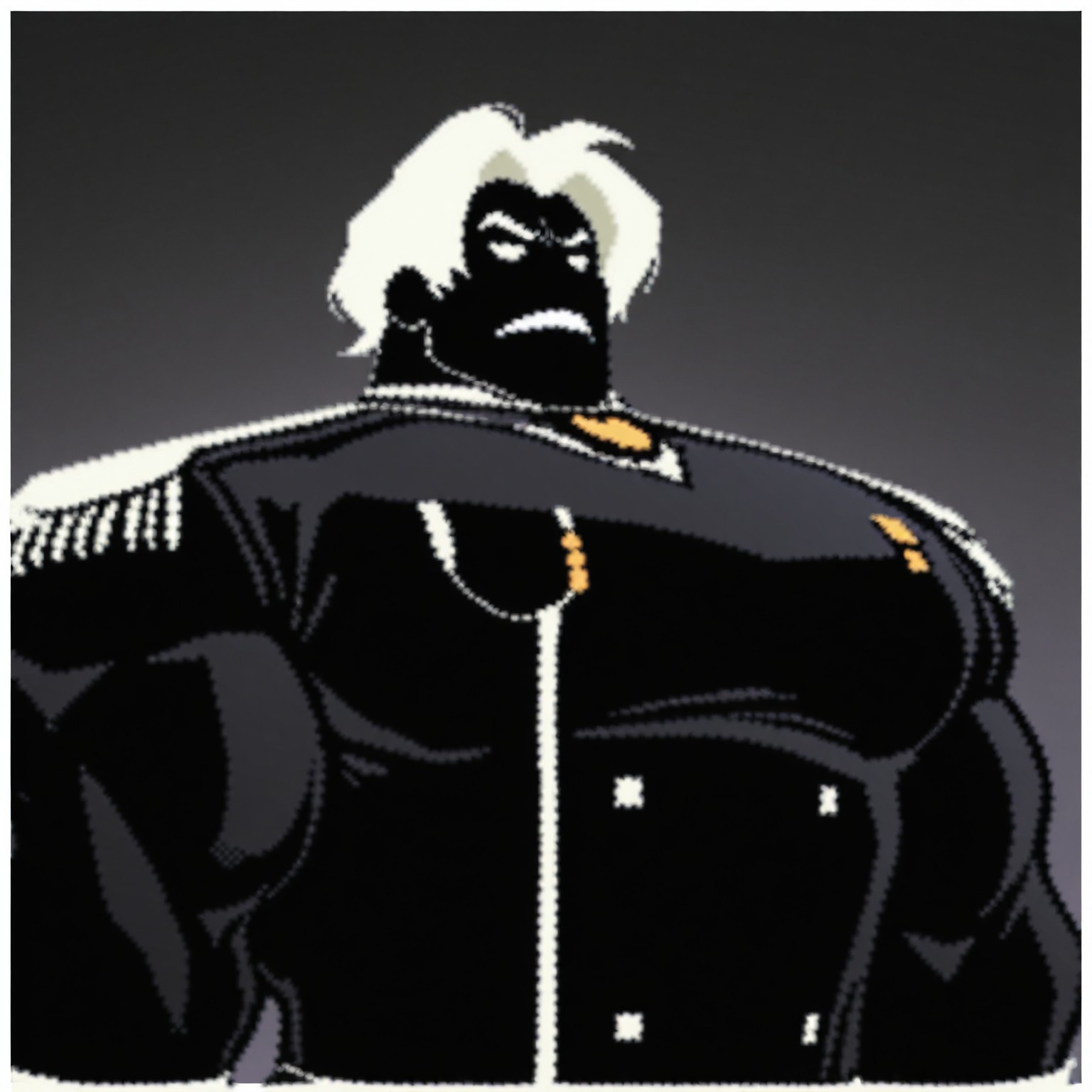masterpiece, best quality, newest, absurdres, highres, Diz_D00dz, white borders around characters, soft light, BREAK, 1man, 1boy, MajorSargas, deep black skin colore, strong jaw, white hair, white sclera, medium length hair, middle parting, {{beefy}}, {{muscular}}, {{large}}, close up to face, laughs, white mouth