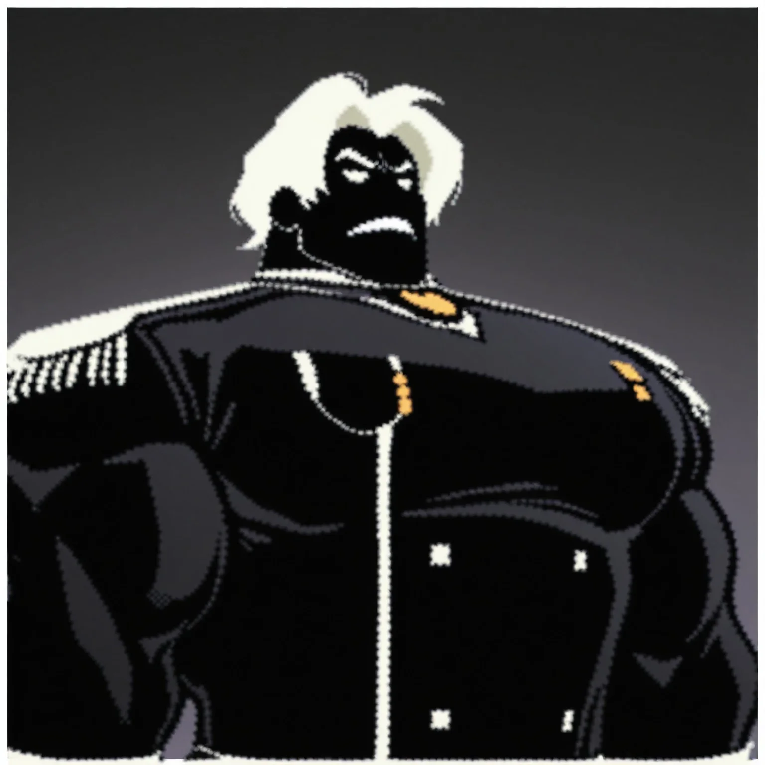 masterpiece, best quality, newest, absurdres, highres, Diz_D00dz, white borders around characters, soft light, BREAK, 1man, 1boy, MajorSargas, deep black skin colore, strong jaw, white hair, white sclera, medium length hair, middle parting, {{beefy}}, {{muscular}}, {{large}}, close up to face, laughs, white mouth