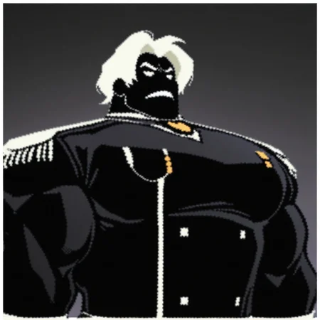 masterpiece, best quality, newest, absurdres, highres, Diz_D00dz, white borders around characters, soft light, BREAK, 1man, 1boy, MajorSargas, deep black skin colore, strong jaw, white hair, white sclera, medium length hair, middle parting, {{beefy}}, {{muscular}}, {{large}}, close up to face, laughs, white mouth