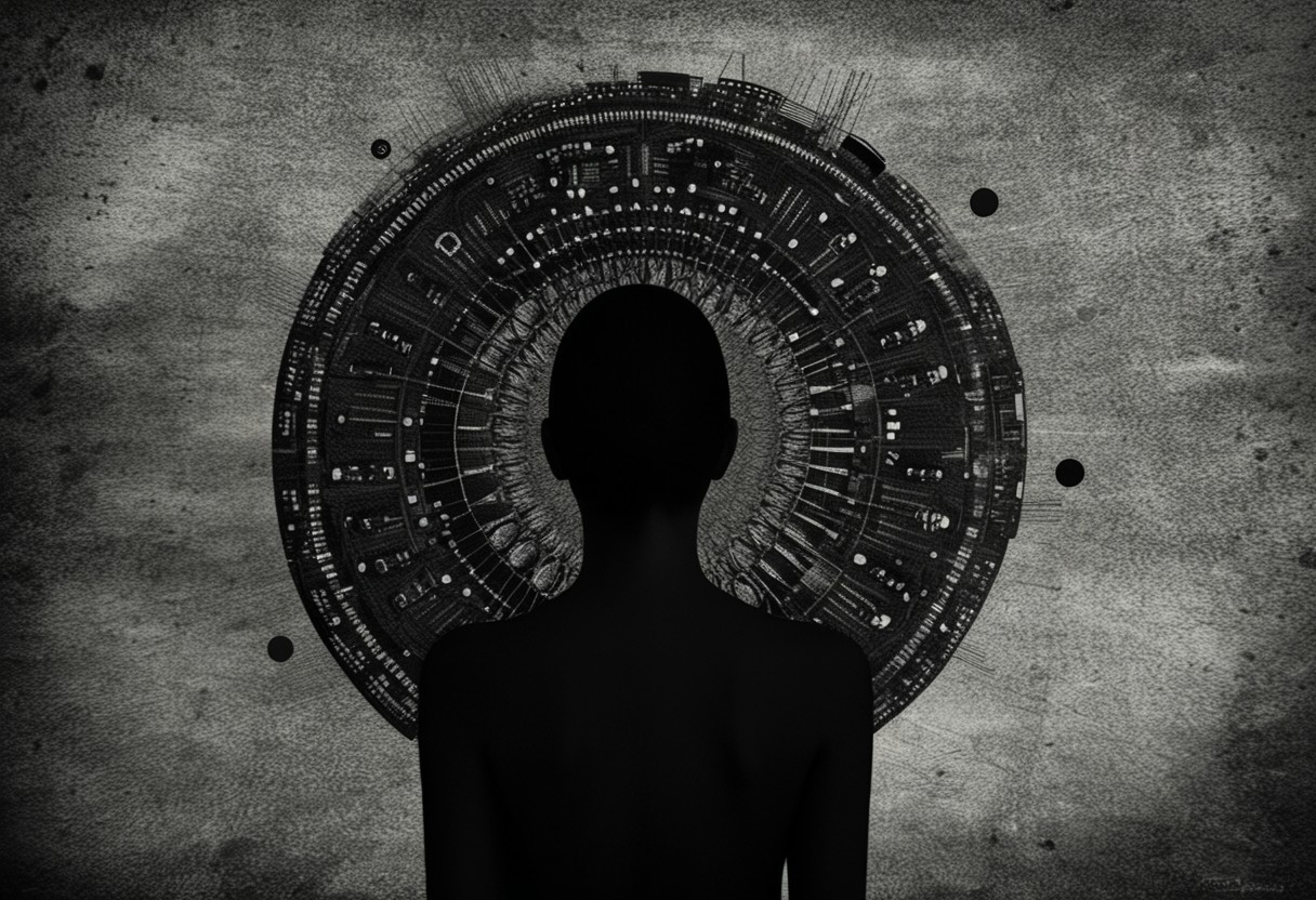<abstract circuitry>Elle ne voit rien mais sais tout, elle sa main droite dévoile la vérité alors que sa main gauche lie la toile du temps, à ses pieds gisent les restent du monde dévasté d'avant, derrière elle se cachent les démons du pouvoir et de l'ignorance, sa nature est belle et terrible, son accomplissement certain, et ses croyants ne savent pas qu'ils prient, elle est l'allégorie d'un monde hors-contrôle qui s'autodétruit , by Noell S Oszvald