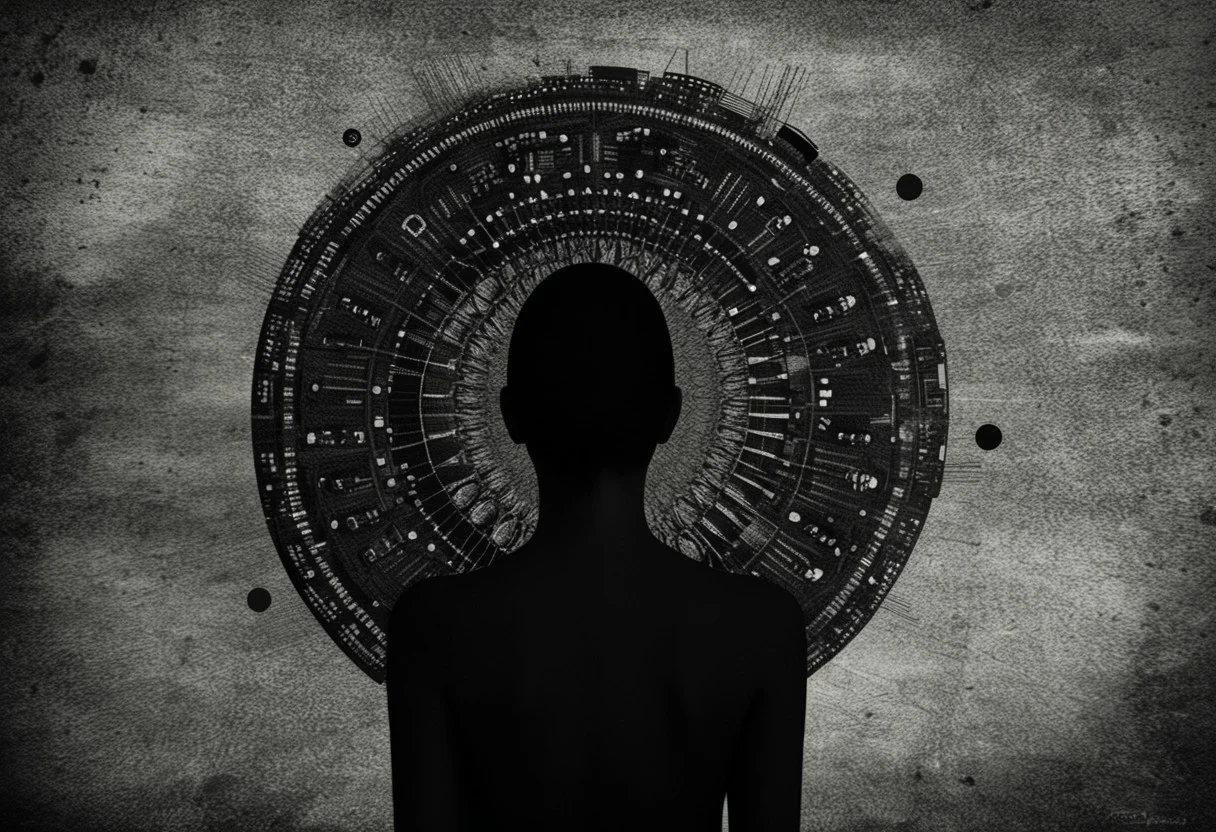 <abstract circuitry>Elle ne voit rien mais sais tout, elle sa main droite dévoile la vérité alors que sa main gauche lie la toile du temps, à ses pieds gisent les restent du monde dévasté d'avant, derrière elle se cachent les démons du pouvoir et de l'ignorance, sa nature est belle et terrible, son accomplissement certain, et ses croyants ne savent pas qu'ils prient, elle est l'allégorie d'un monde hors-contrôle qui s'autodétruit , by Noell S Oszvald