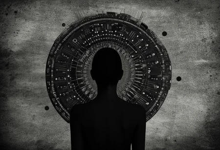 <abstract circuitry>Elle ne voit rien mais sais tout, elle sa main droite dévoile la vérité alors que sa main gauche lie la toile du temps, à ses pieds gisent les restent du monde dévasté d'avant, derrière elle se cachent les démons du pouvoir et de l'ignorance, sa nature est belle et terrible, son accomplissement certain, et ses croyants ne savent pas qu'ils prient, elle est l'allégorie d'un monde hors-contrôle qui s'autodétruit , by Noell S Oszvald