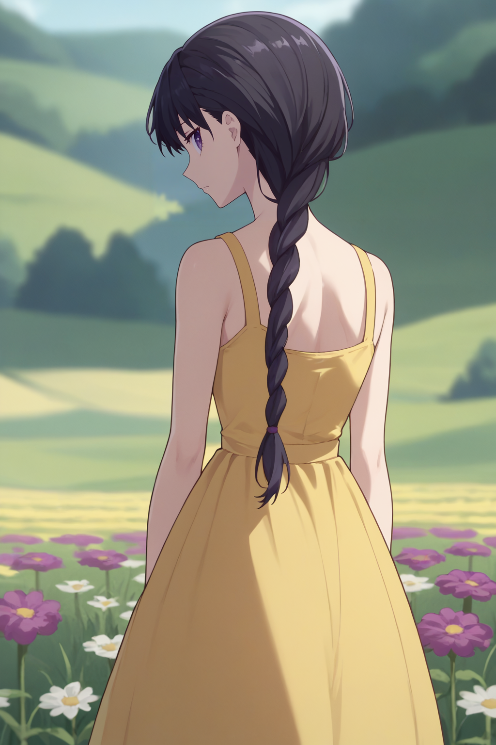score_9, score_8_up, 1girl, solo, <lora:NSSakiBasket:1> NSSakiBase, black hair, braid, hair over shoulder, purple eyes, yellow sundress, from behind, looking back, sunny day, flower field, rainbow
