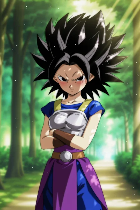 anime screencap, masterpiece, best quality, amazing quality, very aesthetic, absurdres, newest, (scenery, volumetric lighting), dappled sunlight, light particles, light rays, official style,
1girl, solo,
caulifla, black hair, black eyes, spiked hair,
blue shirt, blue shorts, short sleeves, purple tunic, brown belt, brown armwear, bracer, saiyan armor,
angry, blush, blurry background, nature, looking at viewer,
<lora:Universe_6_Saiyans_IL:0.8>