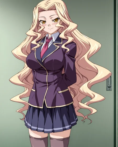 score_9, score_8_up, score_7_up, source_anime BREAK 1girl, solo, shirogane reika, female focus, very long hair, blonde hair, wavy hair, forehead, hair vents, yellow eyes, looking at viewer, smile, blush, sidelocks, school uniform, necktie, jacket, thighhighs, skirt, pleated skirt, hands behind back, large breasts, <lora:Shirogane_Reika_Saimin_Ryoujoku_Gakuen_for_Pony:1>, rating_questionable