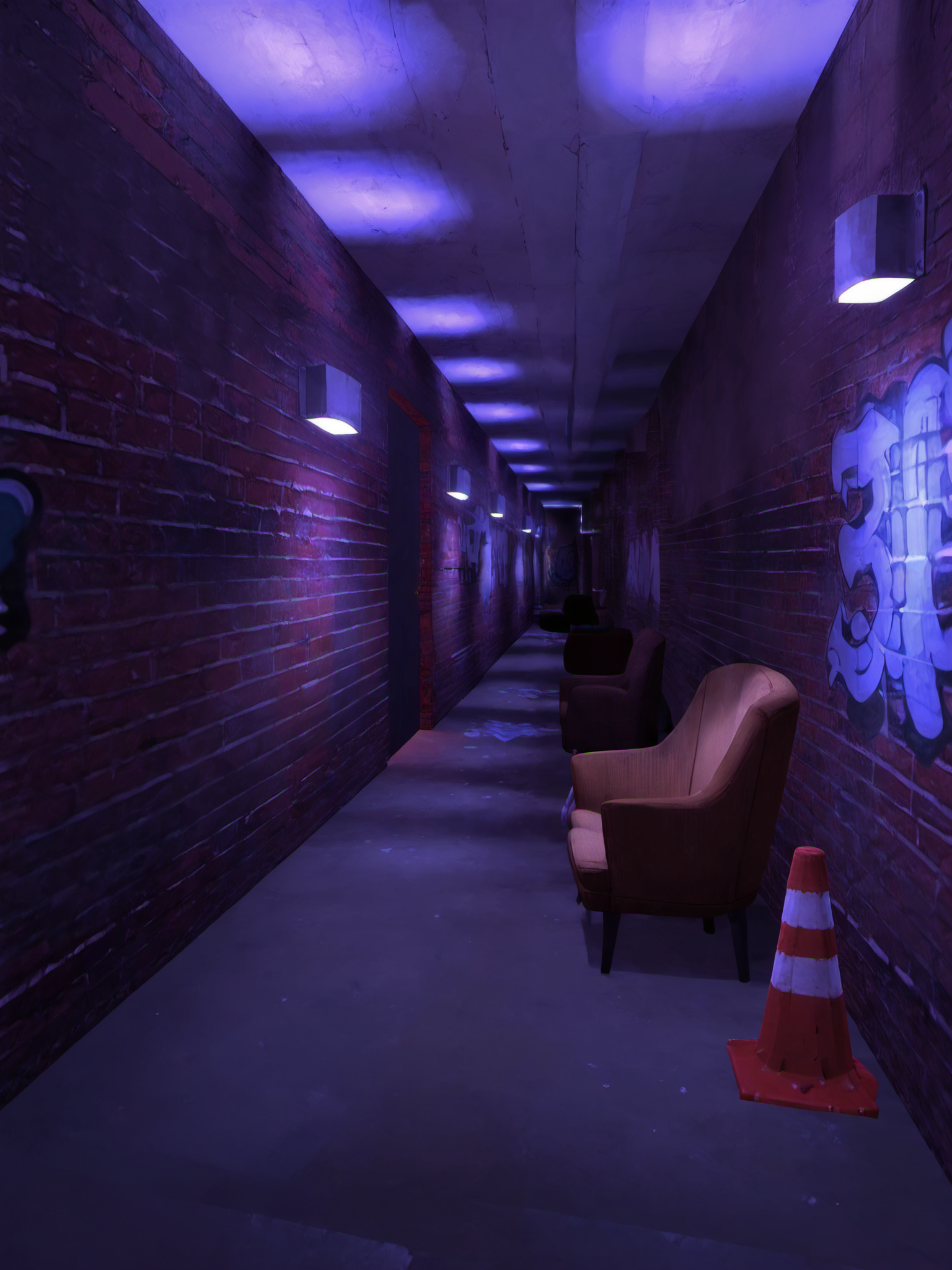 score_9, score_8_up, score_7_up, score_6_up,
BREAK
purpledotnightclub, brick wall, concrete floor, concrete ceiling, indoors, scenery, no humans, urban, architecture, wall lamp, couch, chair, pink light, glowing, hallway, corner, door, poster \(object\), graffiti, traffic cone, pillar <lora:PurpleDotNightclub_Background:1>