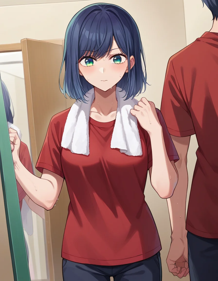 score_9, score_8_up, score_7_up, source_anime,
akanekurokawa, <lora:akane-kurokawa-ponyxl-lora-nochekaiser:1>,
akane kurokawa, bangs, green eyes, blue hair, medium hair, dark blue hair,
shirt, short sleeves, towel, t-shirt, red shirt, towel around neck, sweat pants, white towel, pants,
indoors, studio, mirror, dancing,
looking at viewer, cowboy shot, dutch angle,