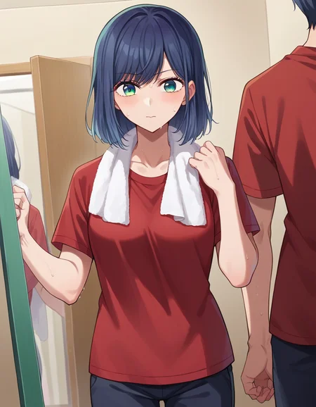 score_9, score_8_up, score_7_up, source_anime,
akanekurokawa, <lora:akane-kurokawa-ponyxl-lora-nochekaiser:1>,
akane kurokawa, bangs, green eyes, blue hair, medium hair, dark blue hair,
shirt, short sleeves, towel, t-shirt, red shirt, towel around neck, sweat pants, white towel, pants,
indoors, studio, mirror, dancing,
looking at viewer, cowboy shot, dutch angle,