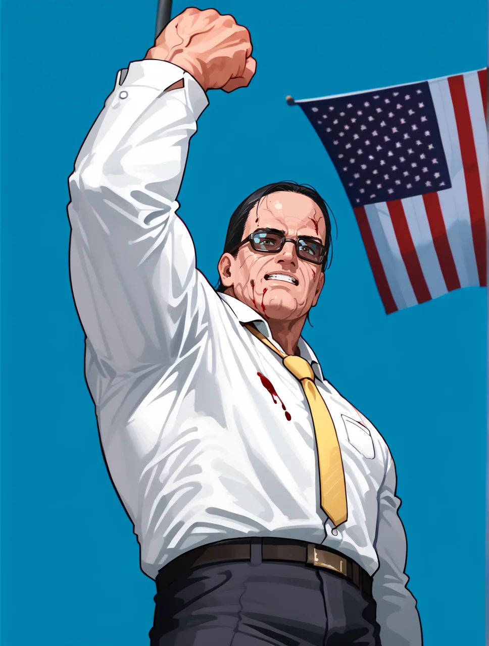 score_9, score_8_up, score_7_up, score_6_up, source_anime,
BREAK
steven armstrong,senatorarmstrong, 1boy, necktie, sunglasses, pants, glasses, white shirt, yellow necktie, black hair, muscular,veins,assassinationattempt,American flag , solo, pole, blue sky, arm up, clenched hand, blood on face
<lora:assassinationattemptv1:1> <lora:senatorarmstrong2:0.8>