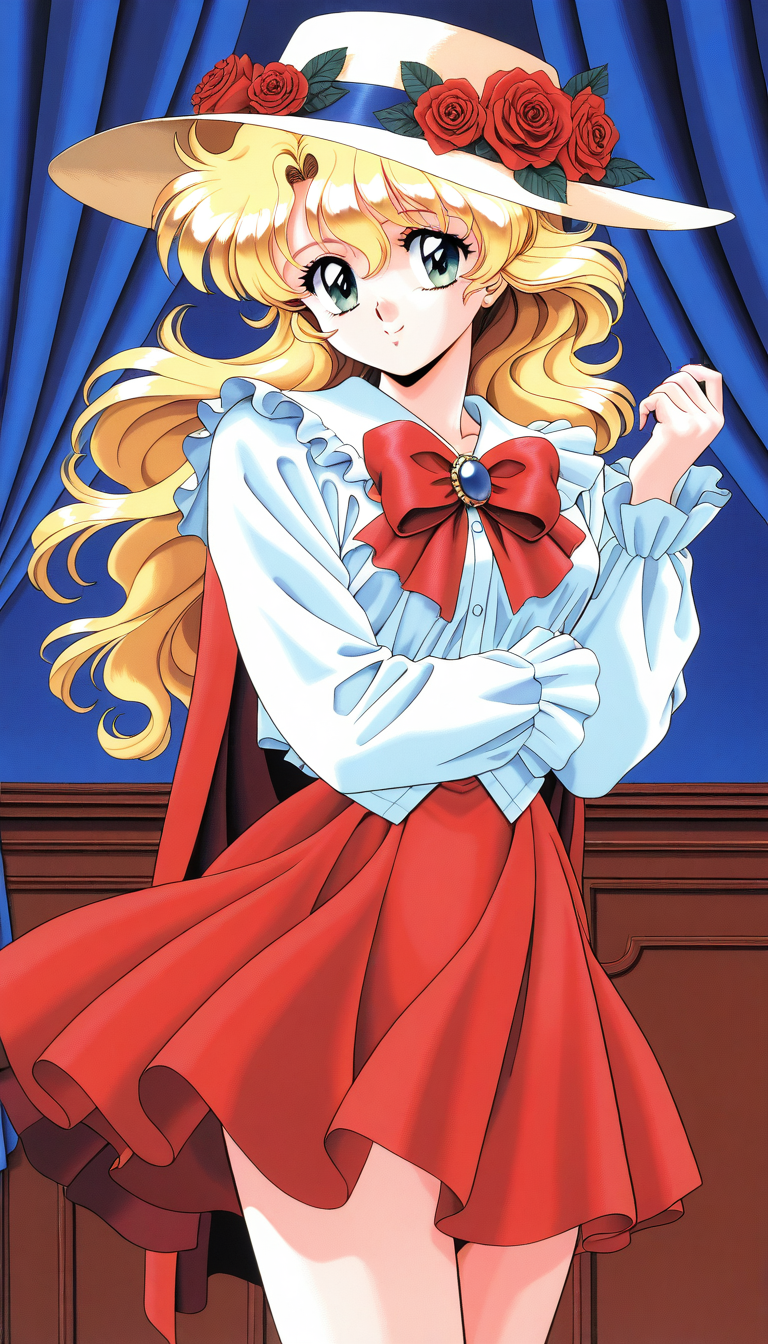 general,highres, ultra-detailed,very aesthetic,best quality ,best hands,  BREAK <lora:Itou_Kaori_IS:1>Itou_Kaori, 1girl, hat, solo, flower, hat flower,  BREAK,
 bow, rose, cape, looking at viewer, smile, skirt, brooch, ribbon, long sleeves, frills, red skirt, curtains, shirt, red bow, 1990s (style), bowtie, dress
