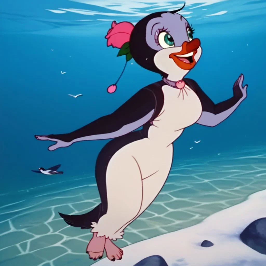 score_9, score_8_up, score_7_up, BREAK, 1girl, female penguin, green eyes, under the sea, swimming, bird, hairy, full body, smiling,