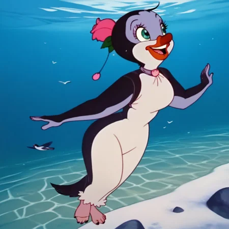 score_9, score_8_up, score_7_up, BREAK, 1girl, female penguin, green eyes, under the sea, swimming, bird, hairy, full body, smiling,
