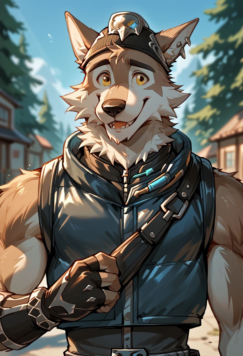 score_9, score_8_up, score_7_up, high res, best quality, wendell, fortnite, <lora:Wendell_Fortnite:1>, <lora:add-detail-xl:1> BREAK
wolf, 1boy, male focus, furry male, solo, furry, gloves, blurry background, fingerless gloves, yellow eyes, blurry, animal ears, looking at viewer, smile, upper body, smile, hat