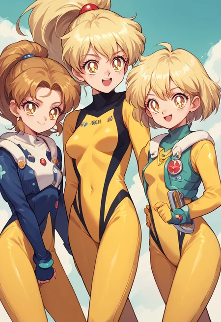 (masterpiece), best quality, (3girls), teen identical triplet sisters with blonde hair, one with a ponytail, the other with short hair and the other with long hair and yellow eyes, they wear yellow acrobat bodysuit, smiling, score_9, score_8_up, score_7_up, source_anime, score_9, score_8_up, score_7_up, sm90s