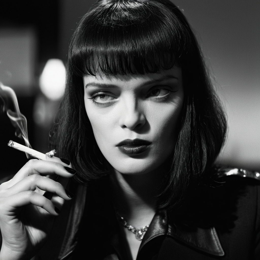 cinematic film still of cinematic film still of  <lora:Pulp Fiction style:1>
Mia Wallace a woman smoking a cigarette in a room,1girl,solo,long hair,bangs,black hair,long sleeves,jewelry,jacket,upper body,earrings,blunt bangs,nail polish,coat,ring,black nails,realistic , 1990's, 90's, film, cinematic, crime and violence, classic, graphic violence, Kodak film, motion picture image,Pulp Fiction style, Pulp Fiction Film style, shallow depth of field, vignette, highly detailed, high budget, bokeh, cinemascope, moody, epic, gorgeous, film grain, grainy, shallow depth of field, vignette, highly detailed, high budget, bokeh, cinemascope, moody, epic, gorgeous, film grain, grainy