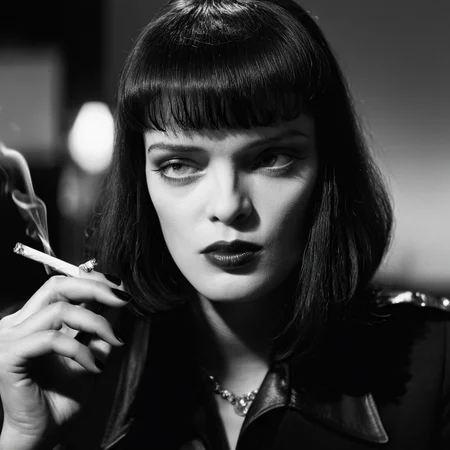 cinematic film still of cinematic film still of <lora:Pulp Fiction style:1>
Mia Wallace a woman smoking a cigarette in a room,1girl,solo,long hair,bangs,black hair,long sleeves,jewelry,jacket,upper body,earrings,blunt bangs,nail polish,coat,ring,black nails,realistic , 1990's, 90's, film, cinematic, crime and violence, classic, graphic violence, Kodak film, motion picture image,Pulp Fiction style, Pulp Fiction Film style, shallow depth of field, vignette, highly detailed, high budget, bokeh, cinemascope, moody, epic, gorgeous, film grain, grainy, shallow depth of field, vignette, highly detailed, high budget, bokeh, cinemascope, moody, epic, gorgeous, film grain, grainy
