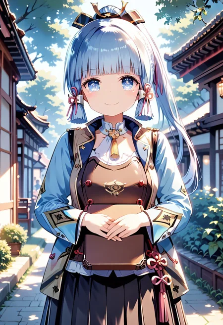 score_9, score_8_up, score_7_up, 1girl, FujisakaLP, mature woman, masterpiece, best quality, ultra high res, (big breasts1.2). smiling, happy, wide thighs, wide hips, (detailed eyes:1.2), (masterpiece), (best quality), (ultra detailed),(disheveled hair),(illustration), standing, smiling, beautiful detailed eyes, light blue eyes, detailed beautiful face, (kamisato ayaka: 1.2), focus on face, ponytail, kamisato ayaka(genshin impact), light blue hair, detailed hair, bangs, best lighting, best shadow, highly detailed, vibrant