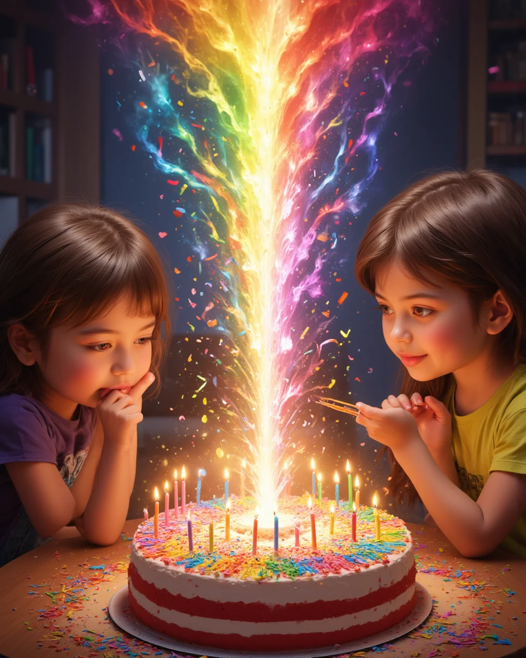 an animated picture of a <lora:Flux_Rainbow_Morph:.9> Rainb0w M0rph
A child leans forward excitedly, ready to blow out the candles on their birthday cake. But the moment they take a deep breathâBOOM!âinstead of the candles going out, a firework-like rainbow erupts from the cake, shooting straight into the ceiling! Confetti and sprinkles rain down, covering the table, while family members stare in disbelief. 
<lora:FluxMythV2:0.4> mythp0rt 
<lora:Mystic_Fantasy:0.4> 
<lora:sxz-Dark-Fantasy-v2-Flux:.3>