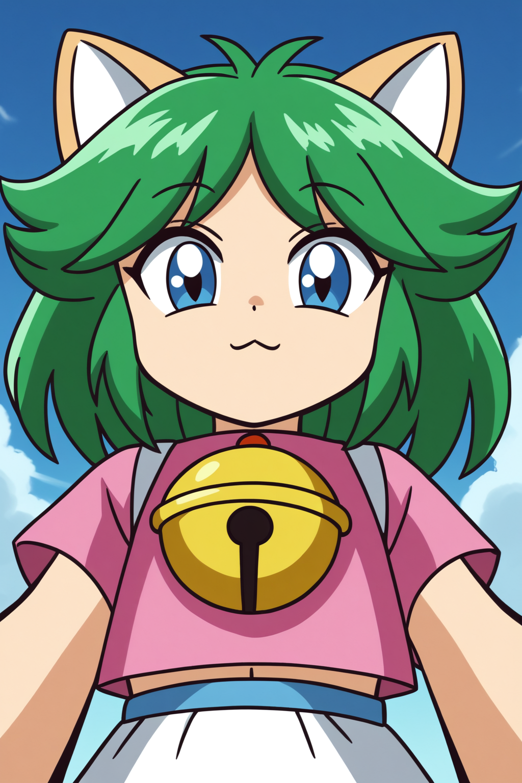 rating_safe, perspective, looking at viewer, leia_the_cat, anime screencap, green hair, upper body <lora:Game_Tengoku-Leia_the_cat-PDXL:0.8>
