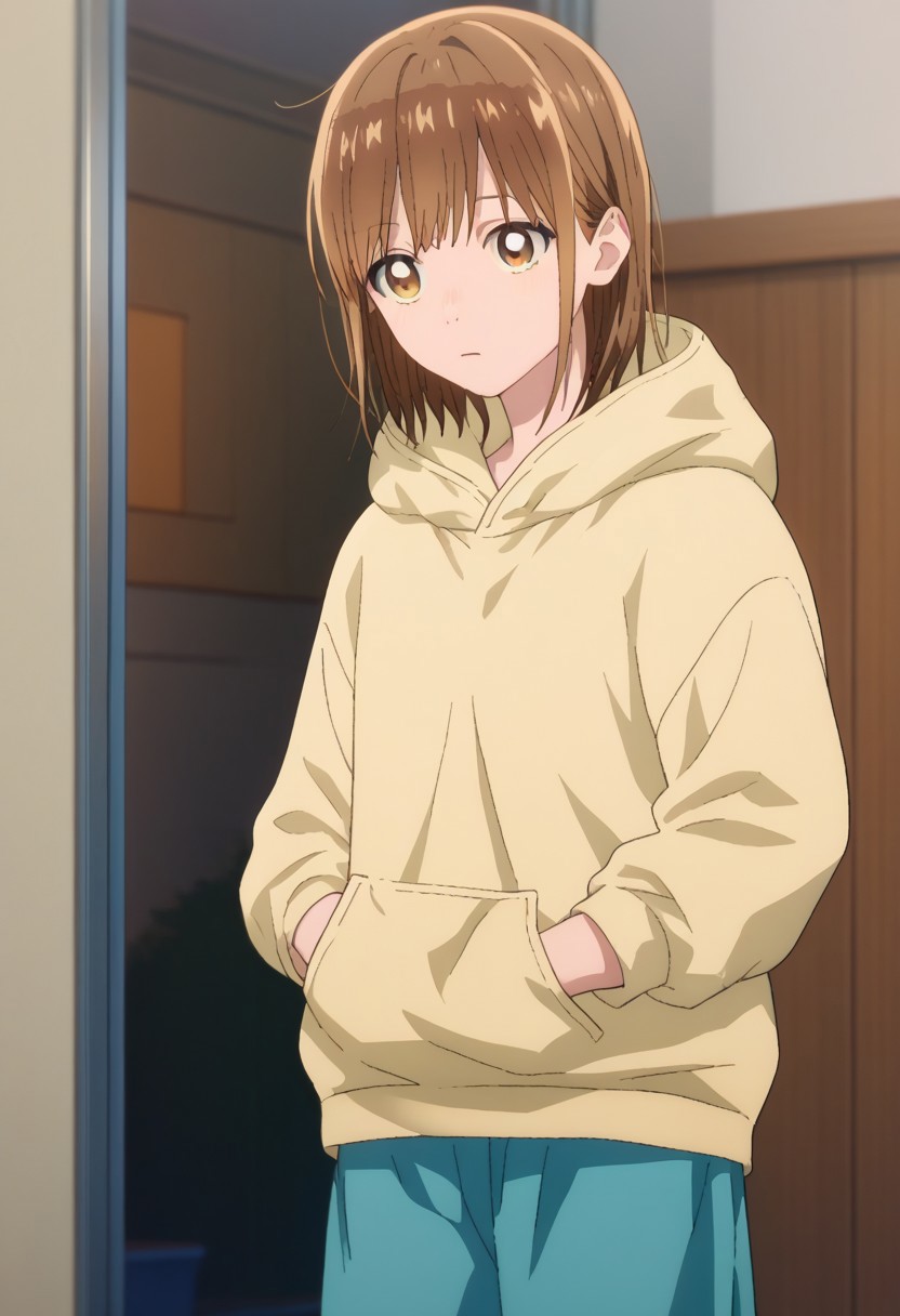 score_9, score_7_up, source_anime, 
chinatsu, 1girl, solo, brown eyes, brown hair, bangs, hoodie, hood, yellow hoodie, shorts, blue shorts,
indoor