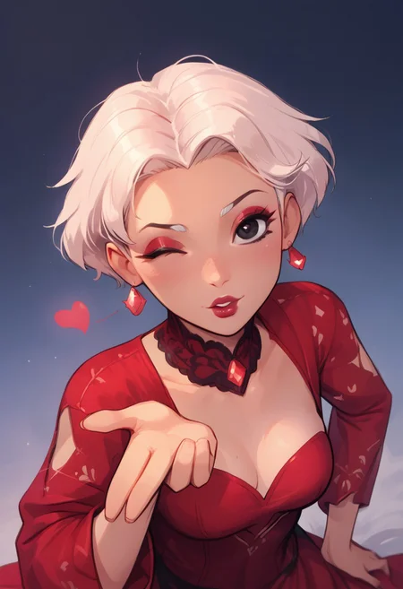 score_9, score_8_up, score_8, 1girl, solo, score_7_up, 20 years old girl, hot, white hair, short hair, black eyes, pale skin, eyeliner, makeup, (flirty expression:1.2), depth of field, red
tight dress, night valentines setting, from above, sfw, safe for work, blowing kiss, heart, looking at viewer, sexy wink, 5 fingers hand, nightime,