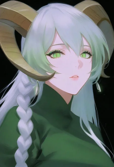 score_9, score_8_up, score_7_up, masterpiece, best quality, highly detailed, source_anime, 1woman, solo, portrait, concept art, sharp lines, BREAK
1 woman, beautiful 1woman, pale skin, multicolored goat horns pale green, slit pupils, pale green eyes, mascara, green eyeliner, eyelashes, white hair in a long single braid, (regal dark green gown), perfect eyes, perfect face
BREAK
black background
BREAK
focus on girl, looking at viewer, regal theme, elegant theme