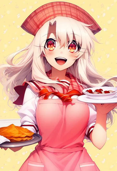 score_9, score_8_up, score_8, big breasts, cute, eyelashes,  curvy, 
zzIllya, red eyes, white hair,, :d, apron, blouse, blush, red eyes, hair between eyes, holding, holding plate, illyasviel von einzbern, long hair, open mouth, pink apron, plaid, plaid sailor collar, plate, red ribbon, ribbon, sailor collar, shirt, silver hair, smile, solo, upper body, white shirt