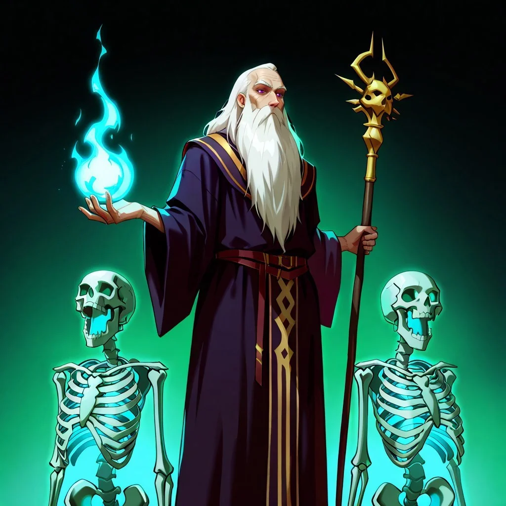 masterpiece, best quality, newest, absurdres, highres, anime, anime style, Necromancer-IL-V1.0, Necromancer-IL-V1.0-Minions, skeletonminions, skeleton, skeletons, 1boy, black robe, old man, old, wrinkles, wrinkly face, beard, long beard, staff, holding staff, holding, holding weapon
