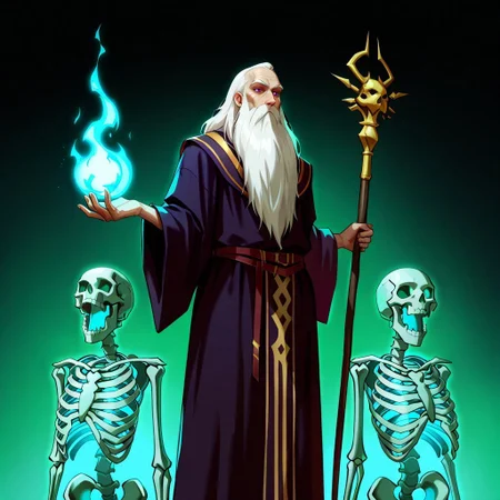 masterpiece, best quality, newest, absurdres, highres, anime, anime style, Necromancer-IL-V1.0, Necromancer-IL-V1.0-Minions, skeletonminions, skeleton, skeletons, 1boy, black robe, old man, old, wrinkles, wrinkly face, beard, long beard, staff, holding staff, holding, holding weapon