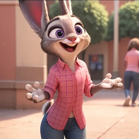 judyhopps happy, solo, pink shirt, jeans <lora:judyhopps-v1-ponyv6xl:1>, score_9, score_8_up, score_7_up, score_6_up, score_5_up, score_4_up