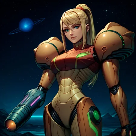 score_9, score_8 score_7, score_6_up, PrimeVaria, power_suit, samus, Green_arm_cannon, 1_hand, space_background, metallic, standing, 1girl, blonde, solo, rocky_environment, close_up, smile, night, stars, purple_sky,