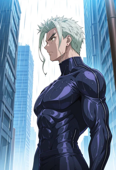 masterpiece, best quality, newest, absurdres, highres, very detailed,
muscular male, 
 from side, looking ahead, cowboy shot, arms at sides, looking ahead, serious, rain, raining, city,<lora:[Char - IL] Tenjou Tenge - Mitsuomi Takayanagi (v1-R2-E16):0.8> mitsuomi_takayanagi, bodysuit, YELLOW eyes, WHITE hair,