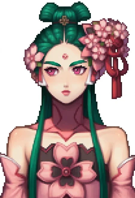 score_9, score_8_up, score_7_up, source_anime BREAK 1girl, solo,
 <lora:zs_KonohanaSakuyaXL:1> konohanasakuyasmt, green hair, very long hair, pink eyes, lipstick, hair flower, forehead mark, choker, pink dress, japanese clothes, detached sleeves, 
<lora:zs_FEDSPortraitsXL:1> fedsportraits, portrait, white background